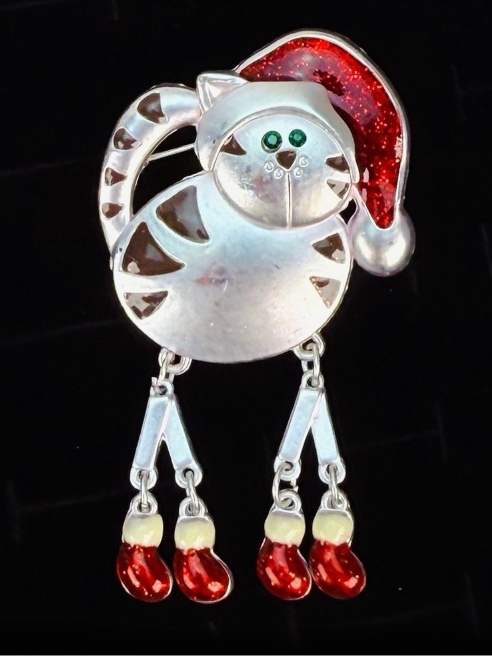 Vintage Cat Santa Brooch Christmas Holiday Pin Silver Tone Dangling Legs
